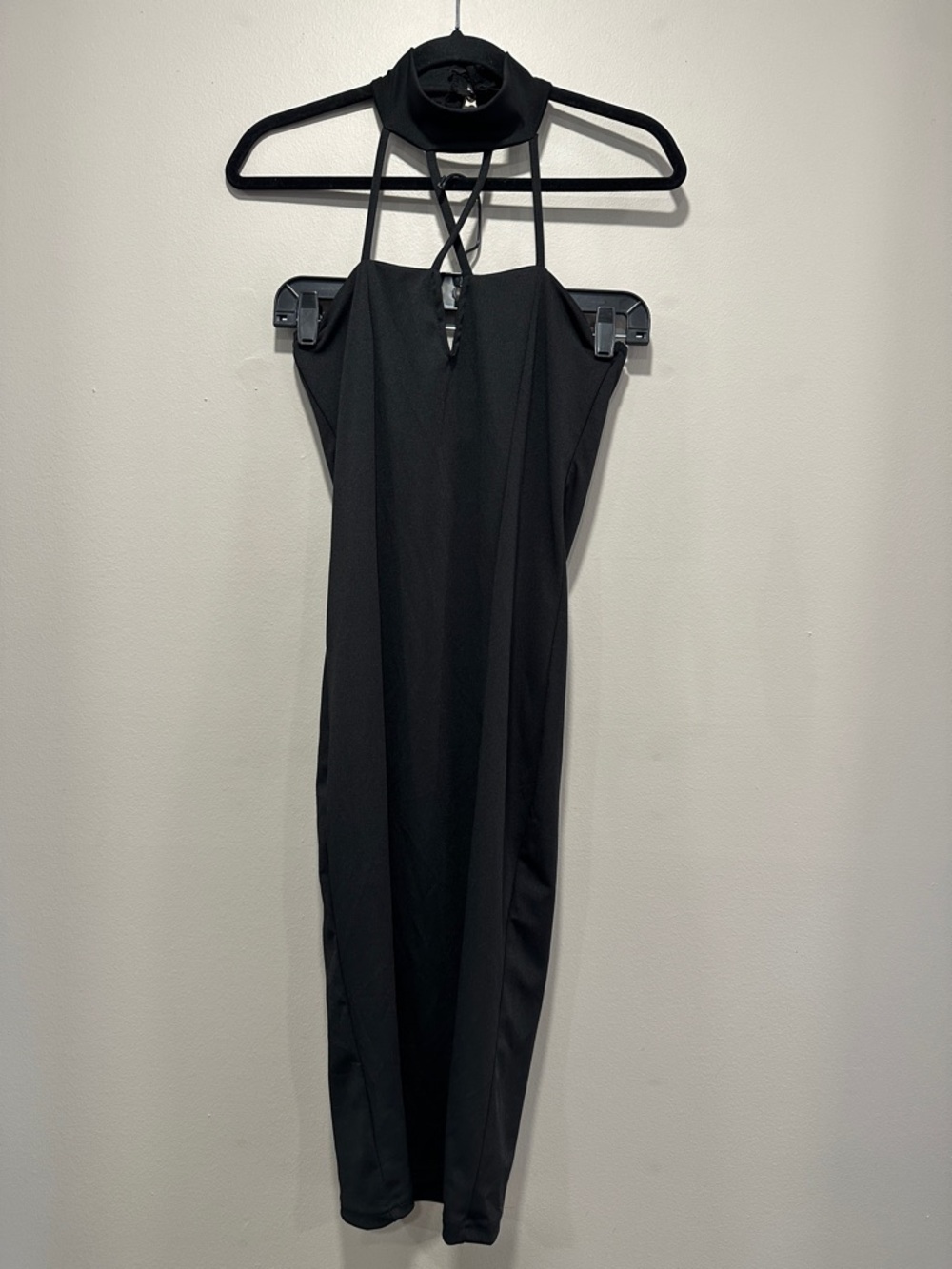 Vestidos Black Halter Neck Criss-Cross Midi Bodycon Dress Size S